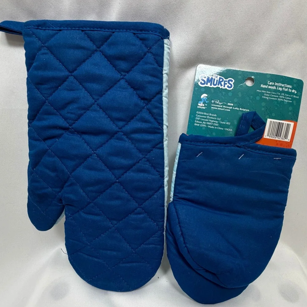 The Smurfs Oven Mitt and Mini Mitt Set Blue Cotton Kitchen Linens NWT